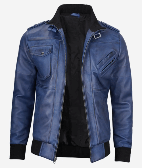 Men's Blue Wax Leather Bomber Jacket With Removable Hood