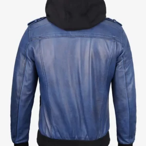 Men's Blue Wax Leather Bomber Jacket With Removable Hood