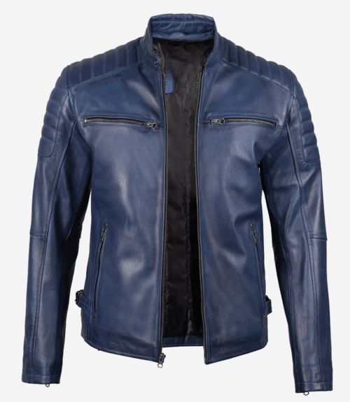 Mens Blue Waxed Biker Style Leather Jacket