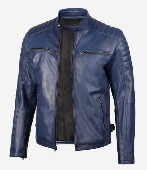 Mens Blue Waxed Biker Style Leather Jacket