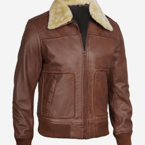 Men’s Brown Leather Bomber Jacket with Fur Collar