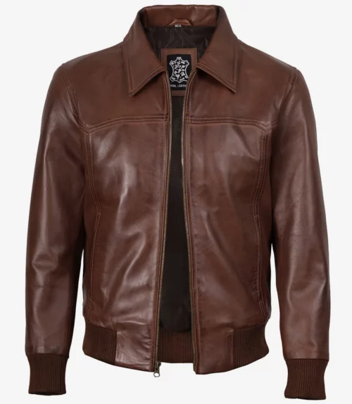 Men's Brown Shirt Collar Leather Bomber Jacket