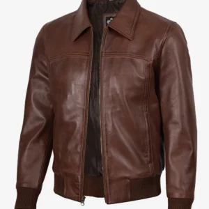 Men's Brown Shirt Collar Leather Bomber Jacket