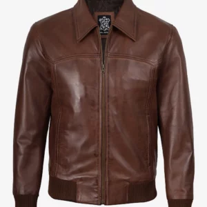 Men's Brown Shirt Collar Leather Bomber Jacket