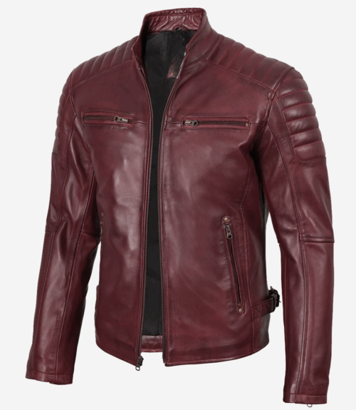 Men's Burgundy Biker Style Leather Jacket