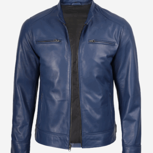 Mens Classic Blue Biker Style Leather Jacket
