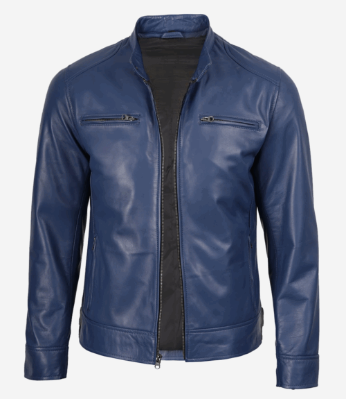 Mens Classic Blue Biker Style Leather Jacket