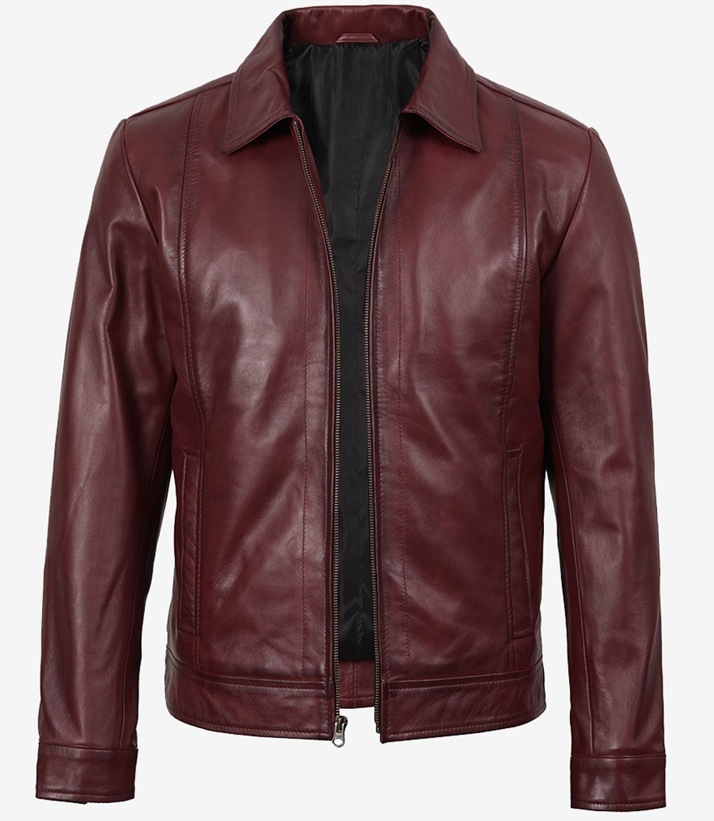 Mens Classic Burgundy Harrington Leather Jacket