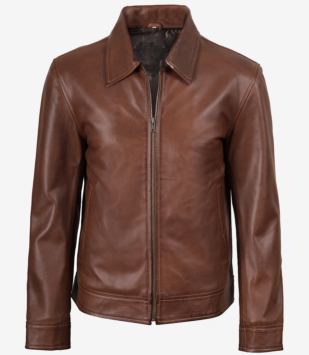 Mens Classic Harrington Borwn Leather Jacket