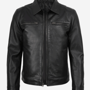 Mens Classic Shirt Collar Black Leather Jacket