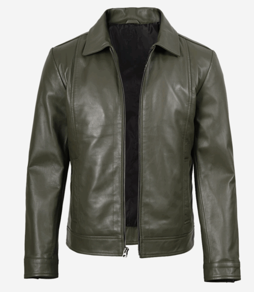 Men's Classic Shirt Collar Olive Green LeatherJacket