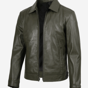 Men's Classic Shirt Collar Olive Green LeatherJacket