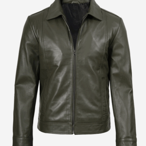 Men's Classic Shirt Collar Olive Green LeatherJacket
