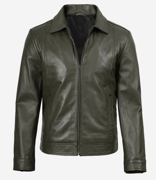 Men's Classic Shirt Collar Olive Green LeatherJacket