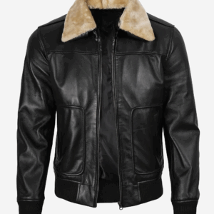 Men's Fur Collar Black Bomber Leather Jacket