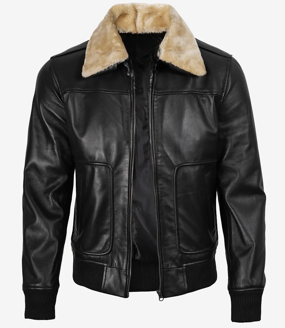 Men's Fur Collar Black Bomber Leather Jacket