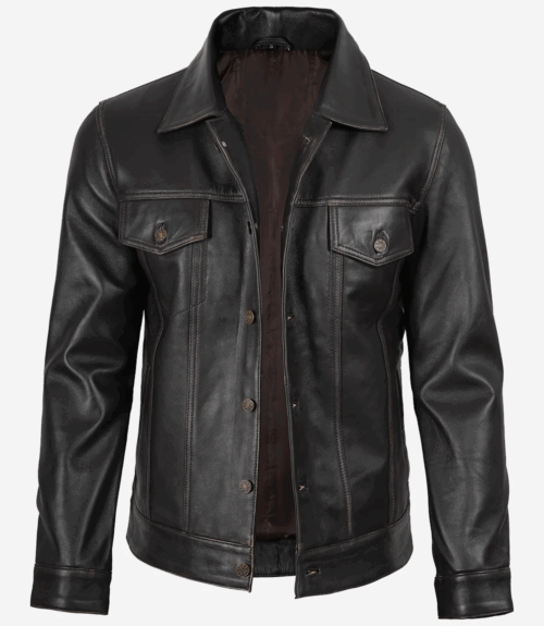 Men's Distressed Brown Leather Trucker Jacket