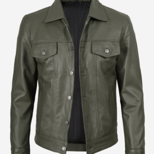 Men's Four Pockets Olive Green Trucker Leather Jacket