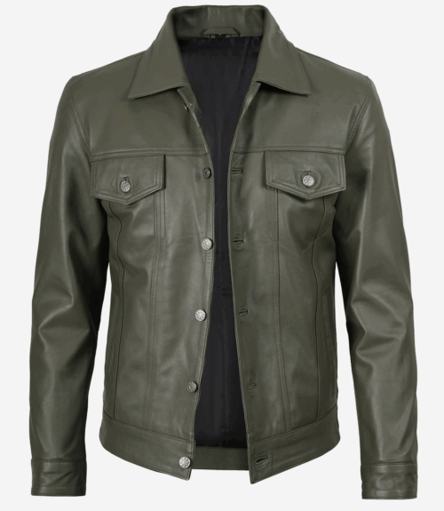 Men's Four Pockets Olive Green Trucker Leather Jacket