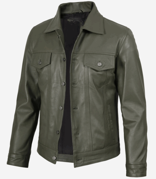Men's Four Pockets Olive Green Trucker Leather Jacket