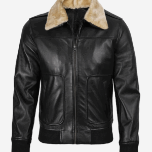 Men's Fur Collar Black Bomber Leather Jacket