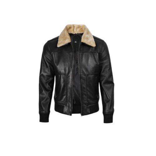 Men's Fur Collar Black Bomber Leather Jacket