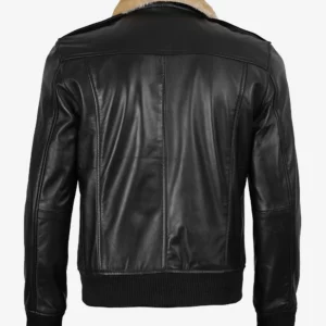 Men's Fur Collar Black Bomber Leather Jacket