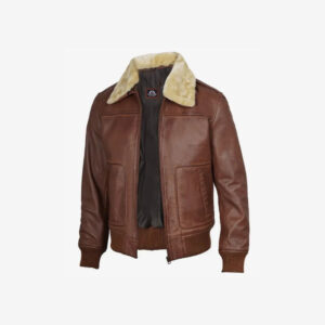 Men’s Fur Collar Brown Leather Bomber Jacket