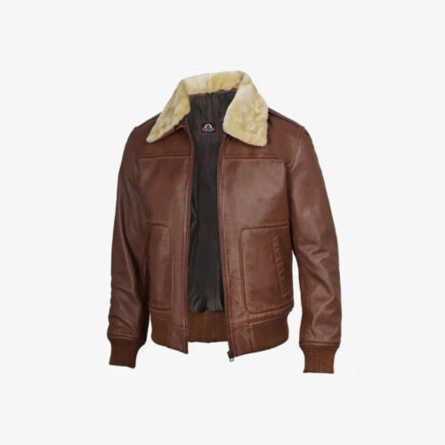 Men’s Fur Collar Brown Leather Bomber Jacket