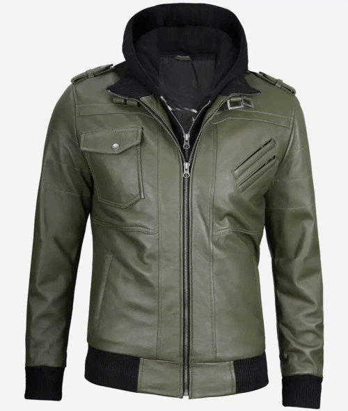 Men's Olive Green Bomber Leather Jacket With Removable Hood