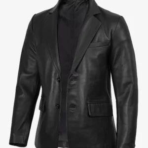 Mens Notch Lapel Black Leather Blazer
