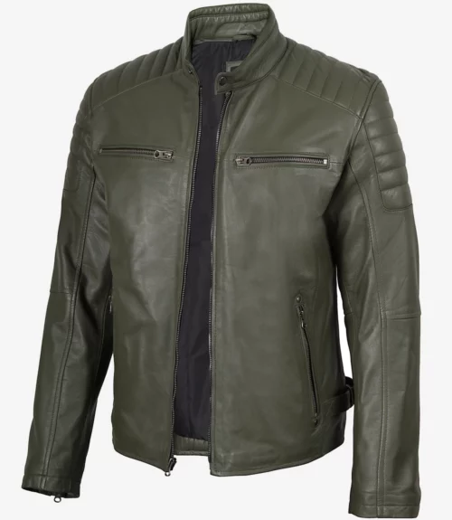Mens Olive Green Biker Style Leather Jacket