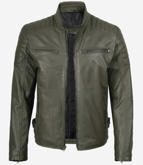 Mens Olive Green Biker Style Leather Jacket