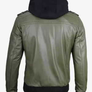 Men's Olive Green Bomber Leather Jacket With Removable Hood