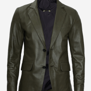 Mens Olive Green Two-Button Leather Blazer