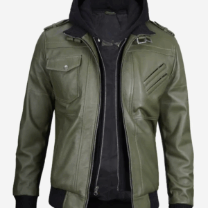 Men's Olive Green Bomber Leather Jacket With Removable Hood