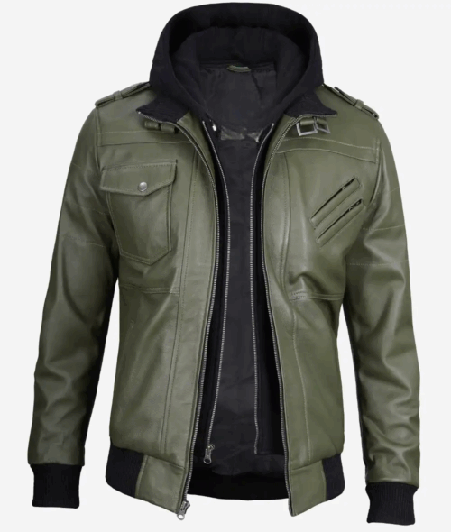 Men's Olive Green Bomber Leather Jacket With Removable Hood