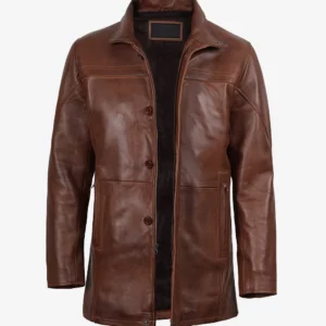 Mens Premium Brown Leather Car Coat