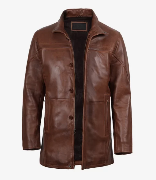 Mens Premium Brown Leather Car Coat
