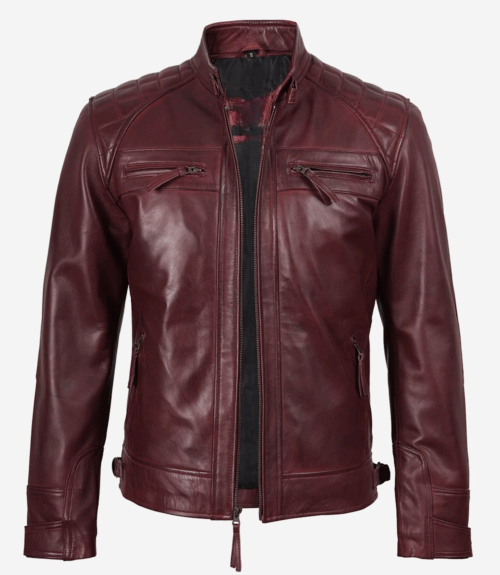 Mens Real Leather Burgundy Biker Style Jacket