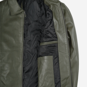 Men's Classic Shirt Collar Olive Green LeatherJacket