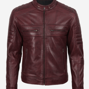 Mens Biker Style Burgundy Leather Jacket