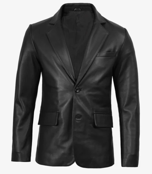 Mens Two Button Black Leather Blazer