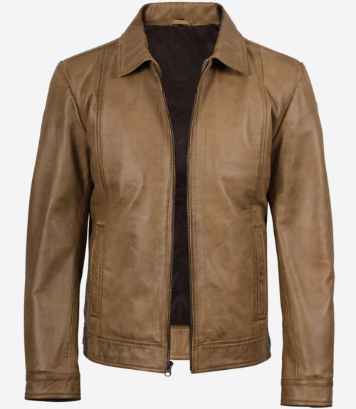 Mens Waxed Shirt Collar Harrington Leather Jacket
