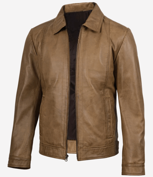 Mens Waxed Shirt Collar Harrington Leather Jacket