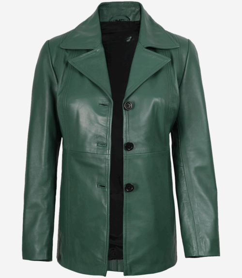 Womens Three Button Green Leather Blazer