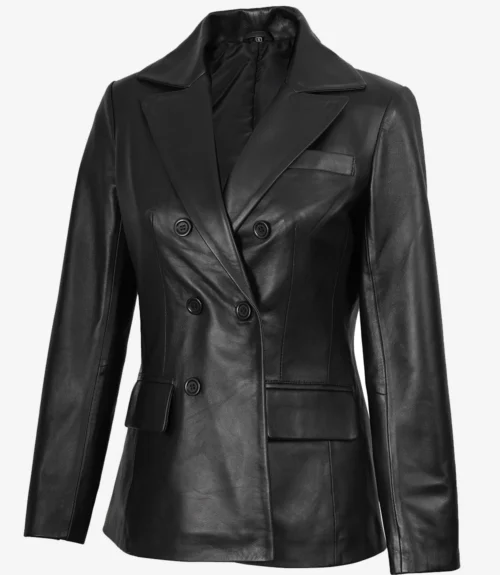 Women Notch Lapel Black Leather Coat