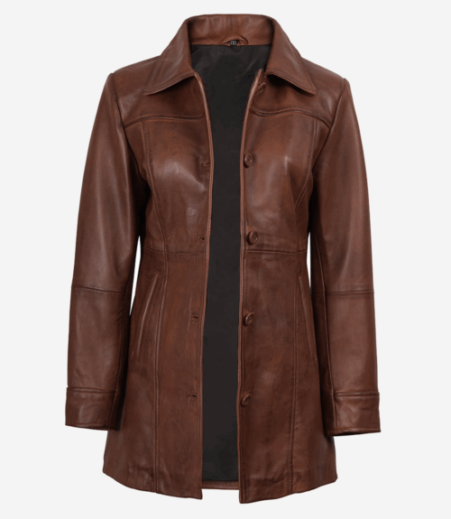 Womens 34 Length Button Down Leather Coat