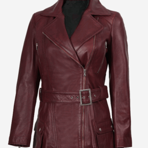 Women's Asymmetrical Maroon Belted Biker Leather Jacket