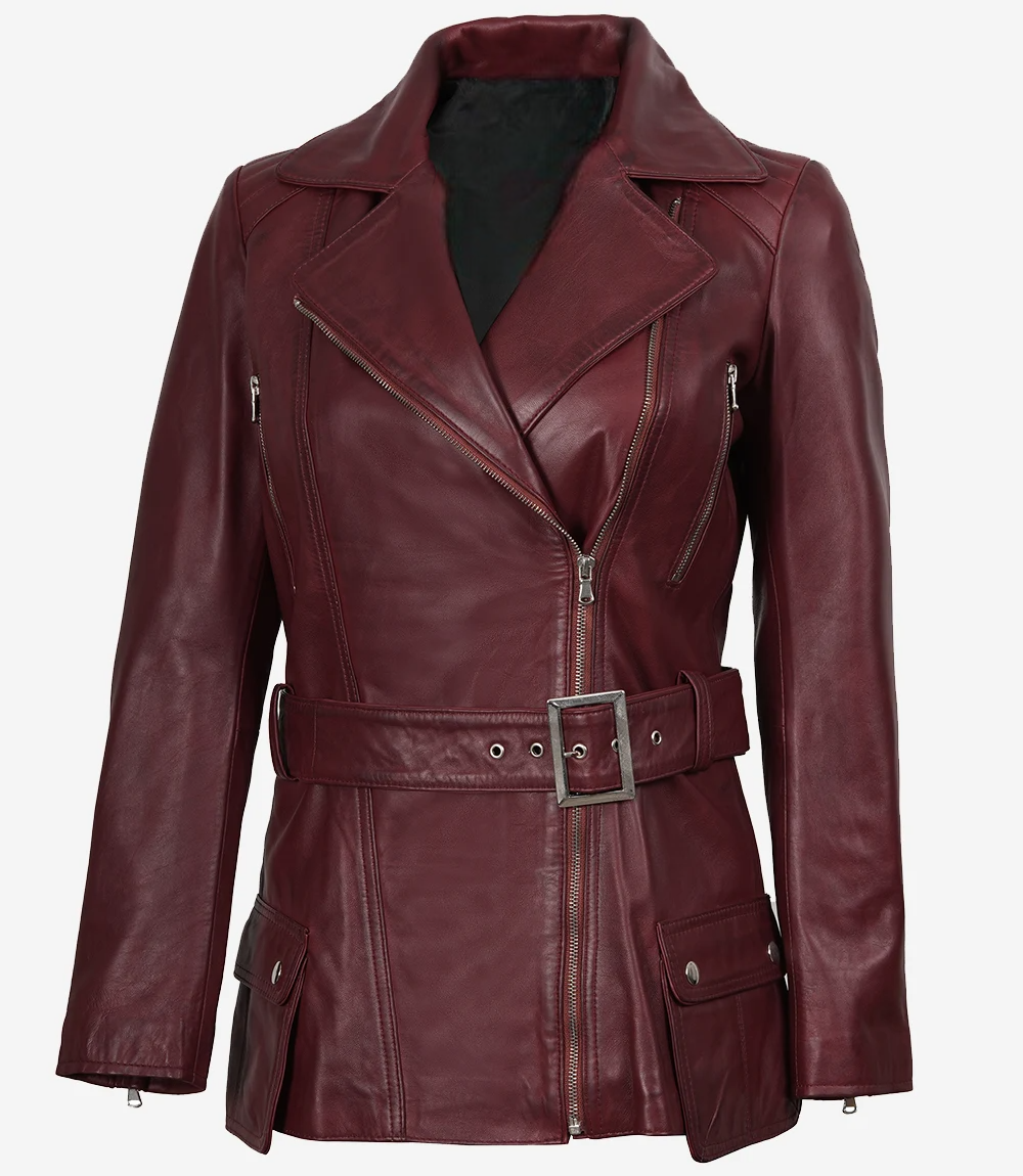 Women's Asymmetrical Maroon Belted Biker Leather Jacket